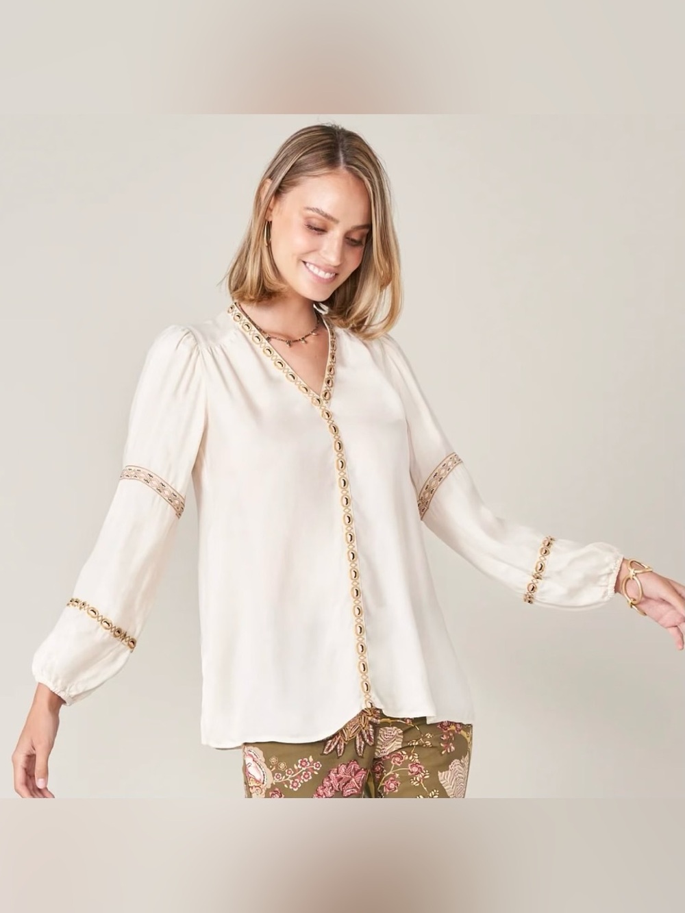 Spartina 449 Cream Evelyn Embroidered Ribbon Tunic Blouse